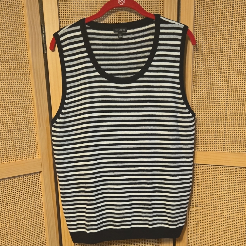 Talbots Black White Grey Striped Tank Sweater Cotton Cashmere Blend XL Office